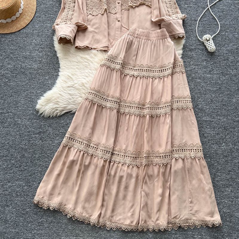 Damenbekleidung Palaststil Hohlhaken Blume Licht Reife Schwester Anzug Weiblicher Sommer Langarmhemd Elastische Taille Langer Rock_voghion.com