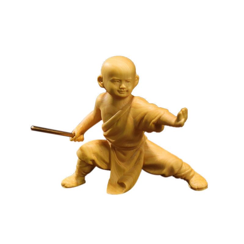 Boxwood Carved Handheld Figurine Character Kid Martial Kung Fu Little Monk Home Decoration Chinese Style Ornament_voghion.com