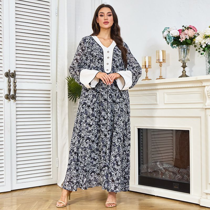 Robe longue musulmane en patchwork imprimé arabe de Dubaï, tenue décontractée, abaya_voghion.com