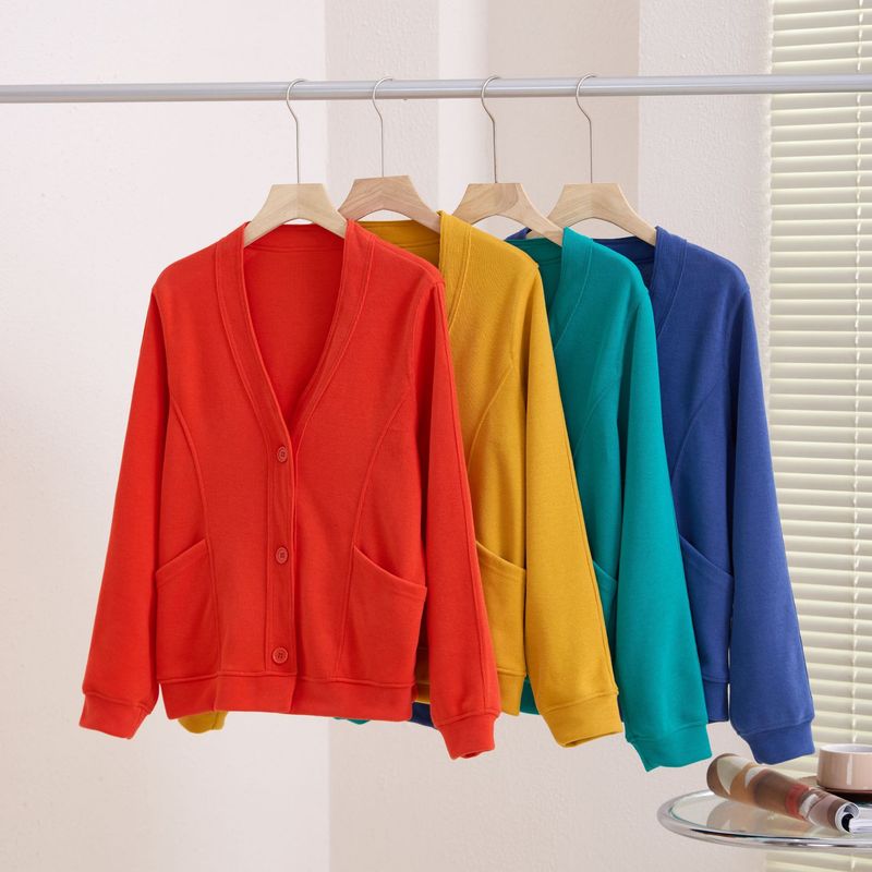 Nový kardigan s dlouhým rukávem a výstřihem do V, Minnie fleece, patchworková přezka, jarní a podzimní literární styl, jednobarevná tenká bunda_voghion.com