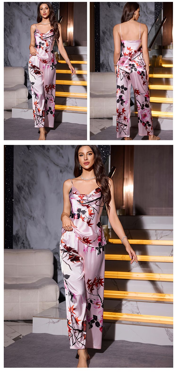 Wind Print Pajamas Sleep Pants Spring Autumn Women's Homewear Sexy Comfortable Silk Robe Set_voghion.com