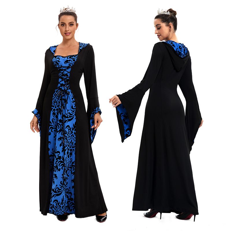 Mittelalterliches Kleid mit Kapuze und ausgestelltem Rock für Damen, bedruckt, mit langen Ärmeln, Schnürung an der Taille_voghion.com