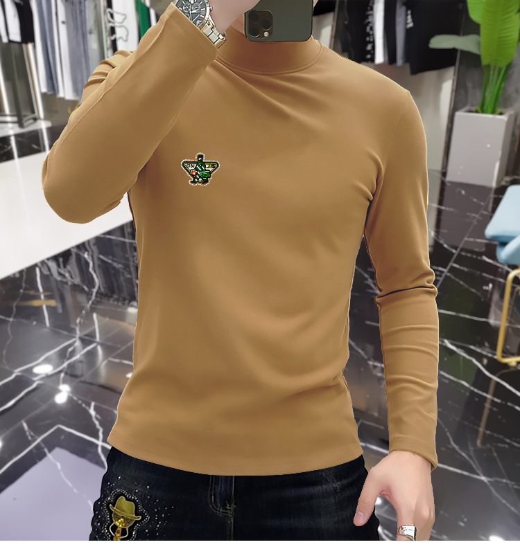 Und Winter Halb Hohe Kragen Langarm T-shirt mit Samt Unten 2023 Neue Europäische Mode T Herren Mid Neck Herbst_voghion.com