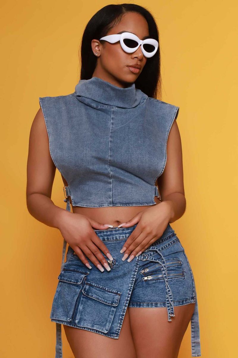 Mono de mezclilla elástico para mujer, pantalones cortos de mezclilla con múltiples bolsillos con cremallera_voghion.com