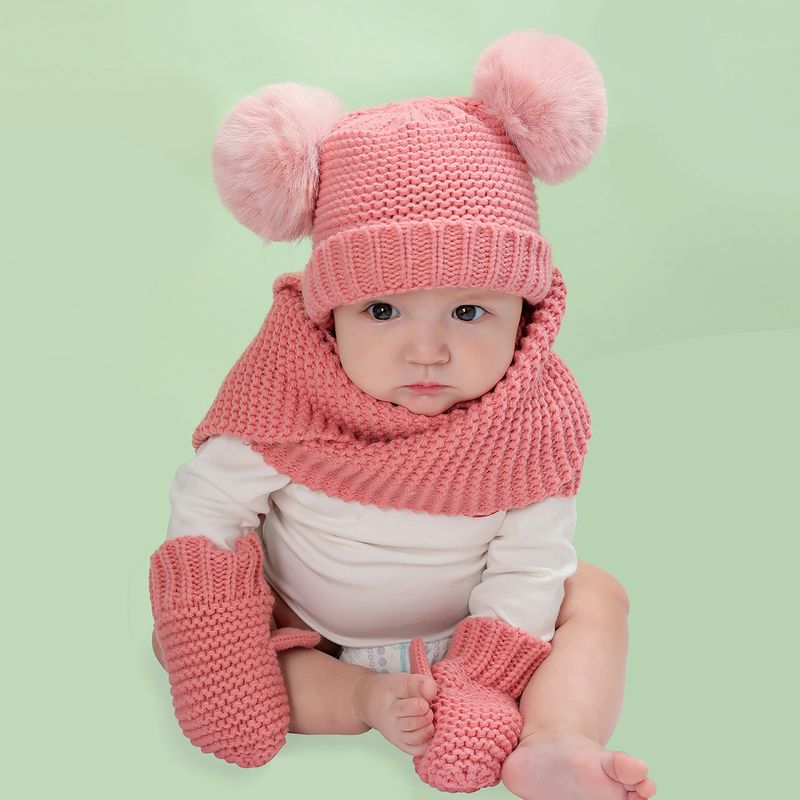 Vêtements pour bébé en laine monochrome, ensemble chaud pour enfants, chapeau, écharpe et gants, trois pièces_voghion.com