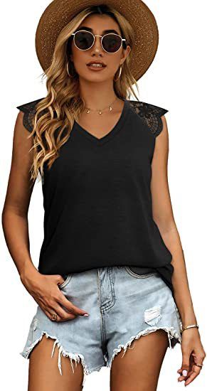 Women's summer ladies stitching flying sleeves eyelash lace top loose vest T-shirt_voghion.com
