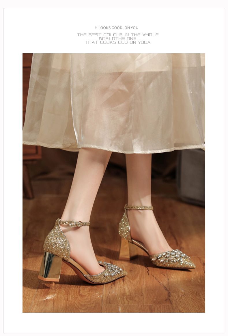 6666-3 Scarpe con tacco grosso, paillettes, strass, fibbia, cinturino singolo, abito da banchetto da sposa, tacchi alti, eleganti glitter_voghion.com