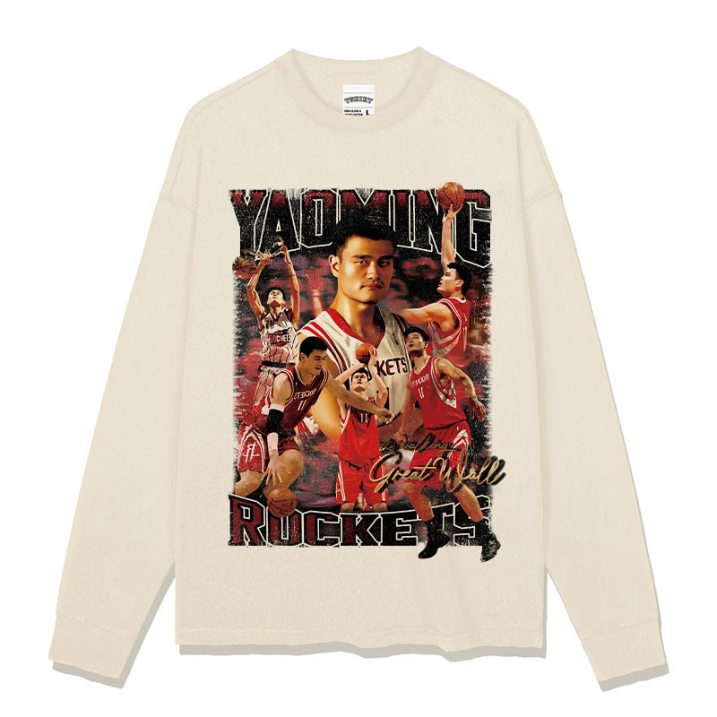 Yao Ming Basketball Printed Short Sleeve T-Shirt American Style Washed Vintage_voghion.com