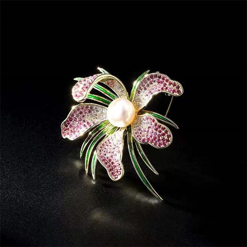 Pfingstrose Brosche Korea Schwerindustrie Micro-intarsien Farbe Zirkonium Brosche Abzeichen Blume Zirkon Pin Abendessen Kleid Lila Gold_voghion.com