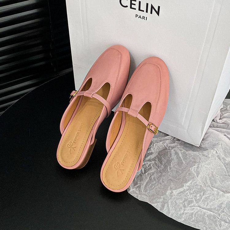 Flat Bottomed 2025 Summer New Baotou Slippers Soft Leather Women's Shoes With Thick Heels And A Straight Strap For_voghion.com
