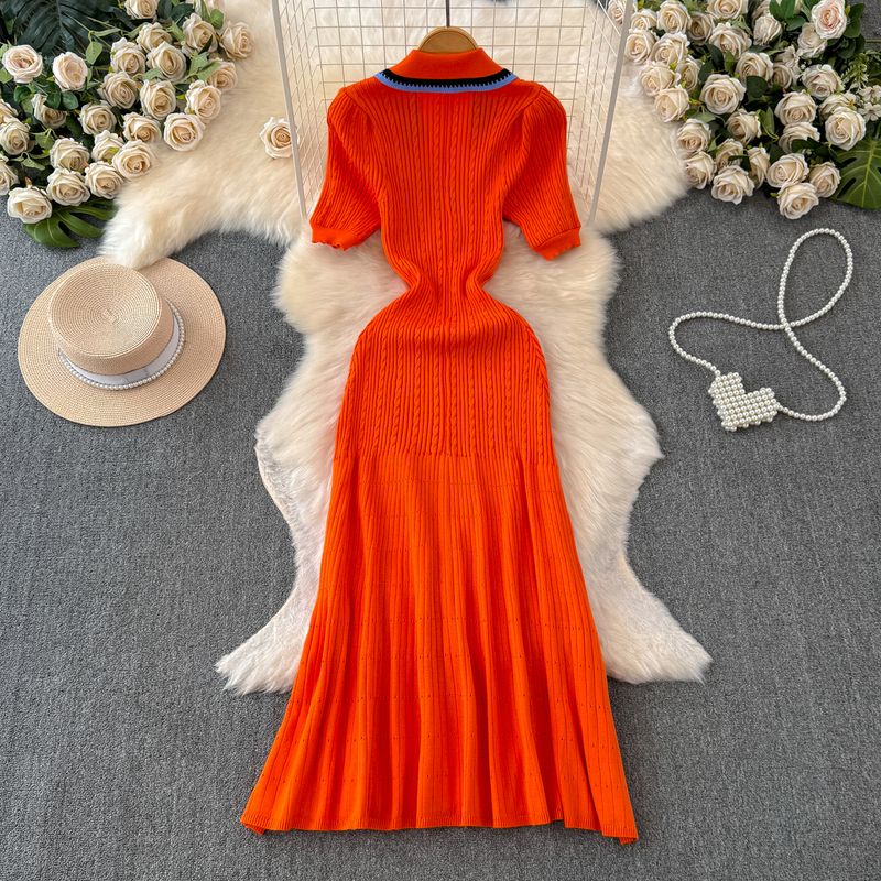 Robe brodée contrastée à manches courtes pour femme, style Xiaoxiang, automne et hiver, col à la taille, amincissante, simple boutonnage, en forme de A, tricotée_voghion.com