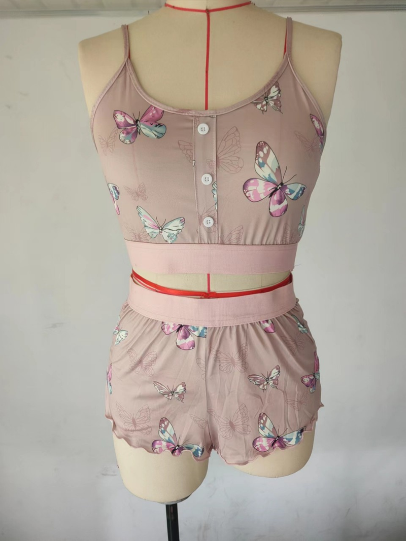 Women's fashionable printed suspenders two-piece set, cool, thin, tight and sweet home clothes_voghion.com