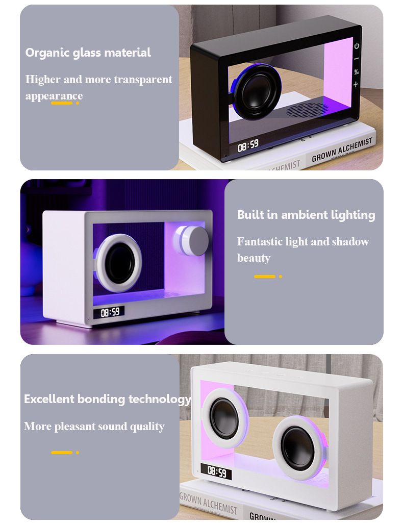 Prenosni retro Bluetooth Speak brezžični prozorni zvočniški okvir z barvito ambientalno svetlobo za prostoročne klice in glasbo_voghion.com