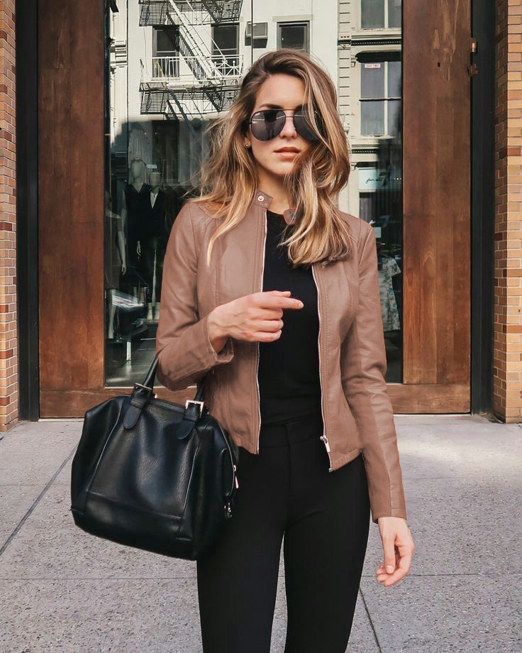 Spring Autumn Oversized Stand Collar Fashion Zipper Jacket Ladies Slim All-match PU Leather Coat Top Women Solid Color_voghion.com