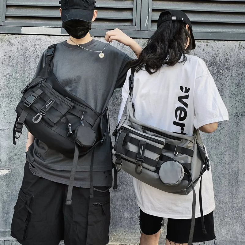 Schulter Gothic Schwarz Umhängetasche Messenger Tragetaschen Für Männer Frauen Shopper Nylon Hip Hop Techwear Satchel Taille Goth_voghion.com