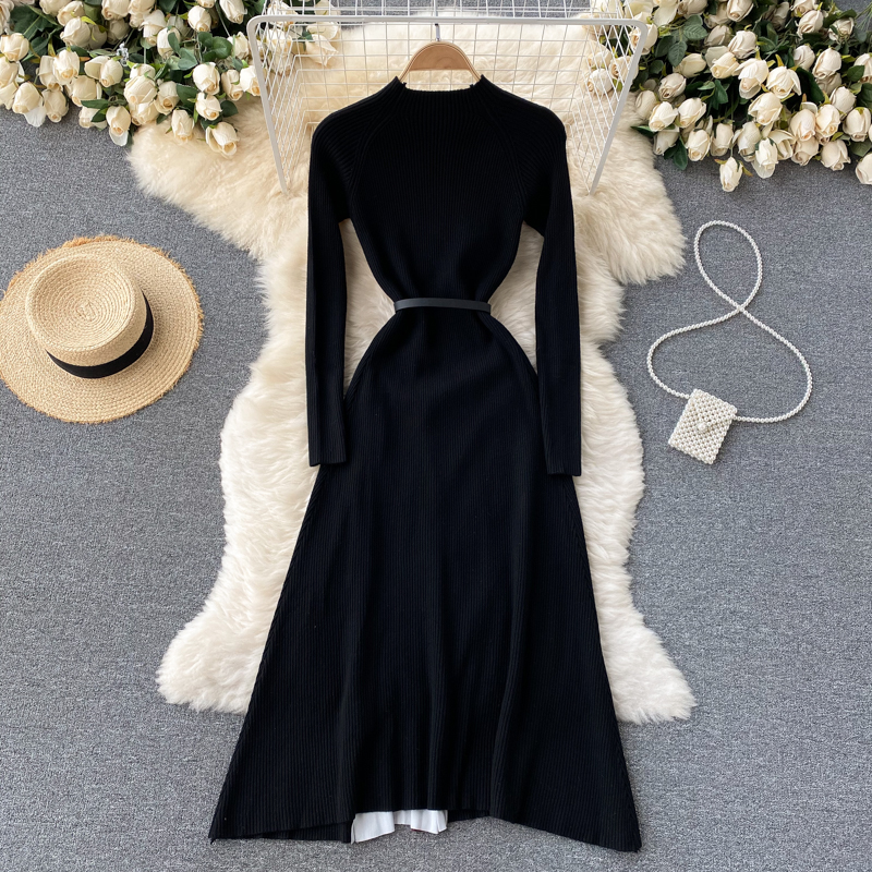 Abito da donna elegante in maglia con cuciture sfumate di colore pieghettato in vita sottile ampio abito altalena da donna nuovo abbigliamento autunnale_voghion.com