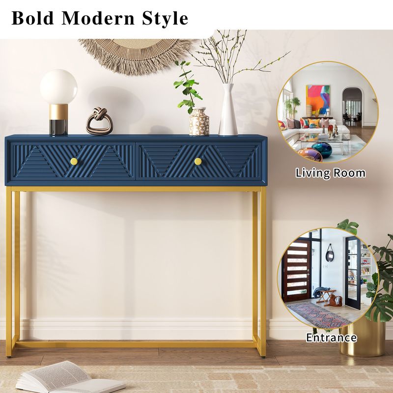 Modern Sleek Console Table Two Drawers With Stripe Design For Living Room And Entryway_voghion.com