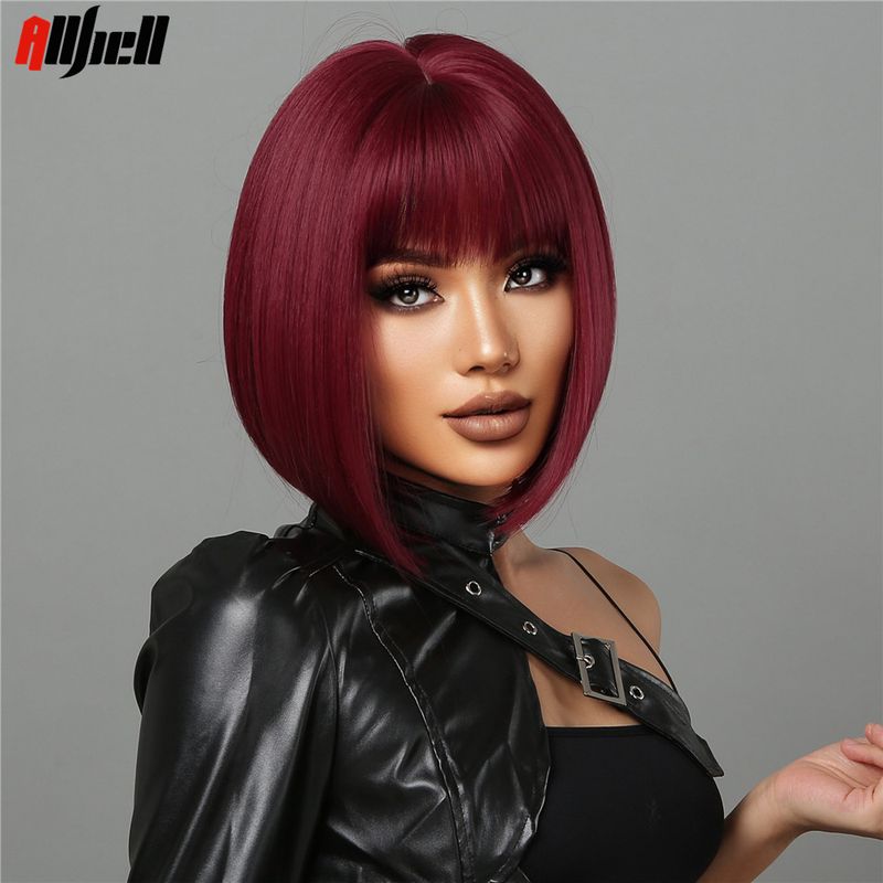 vendita calda vino rosso bob capelli cosplay halloween parrucche naturali sintetiche per le donne parrucca corta diritta con frangia ad alta temperatura_voghion.com