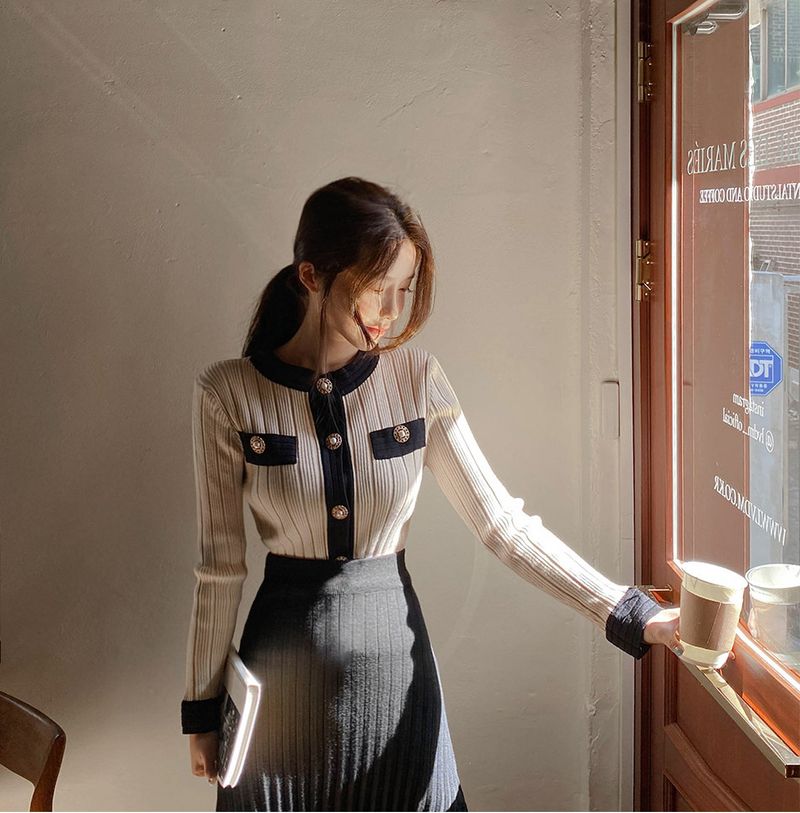 Koreaanse gebreide top en rokset - ronde hals, lange mouwen, damesoutfit (abrikoos/zwart, one size fits all)_voghion.com