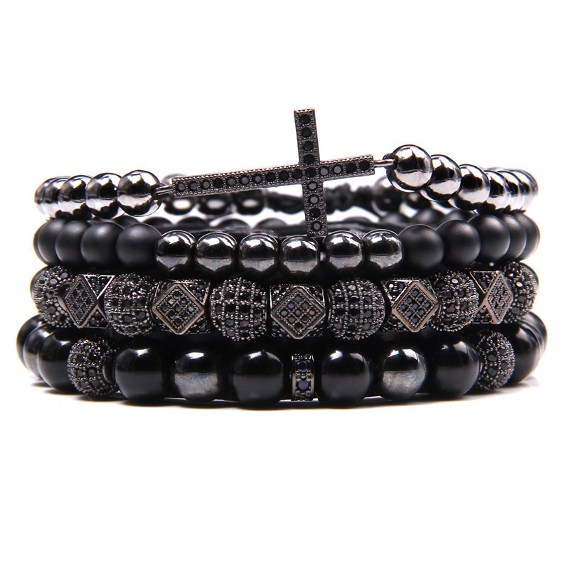 Natuursteen combinatie set ronde kralen armband micro ingelegde Boheemse kruiskralen_voghion.com