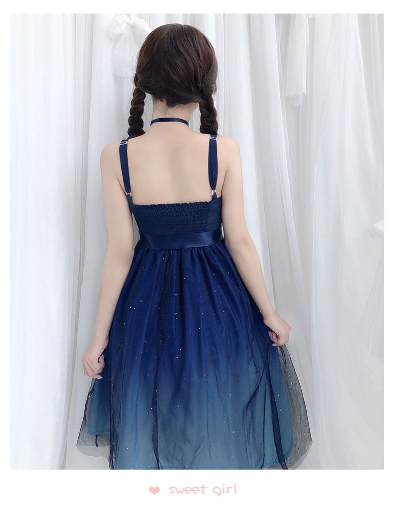 Lolita Summer Dress With Gradient Starry Sky Print - Cute JSK Sleeveless Dress With Mesh Overlay For Kawaii Fashion_voghion.com