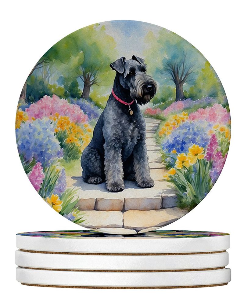 Kerry Blue Terrier Spring Path Large Sandstone Coasters Pack Of 4 Absorbent Round Coasters Decor Gifts For Men Or Women, 4 In, Multicolor_voghion.com