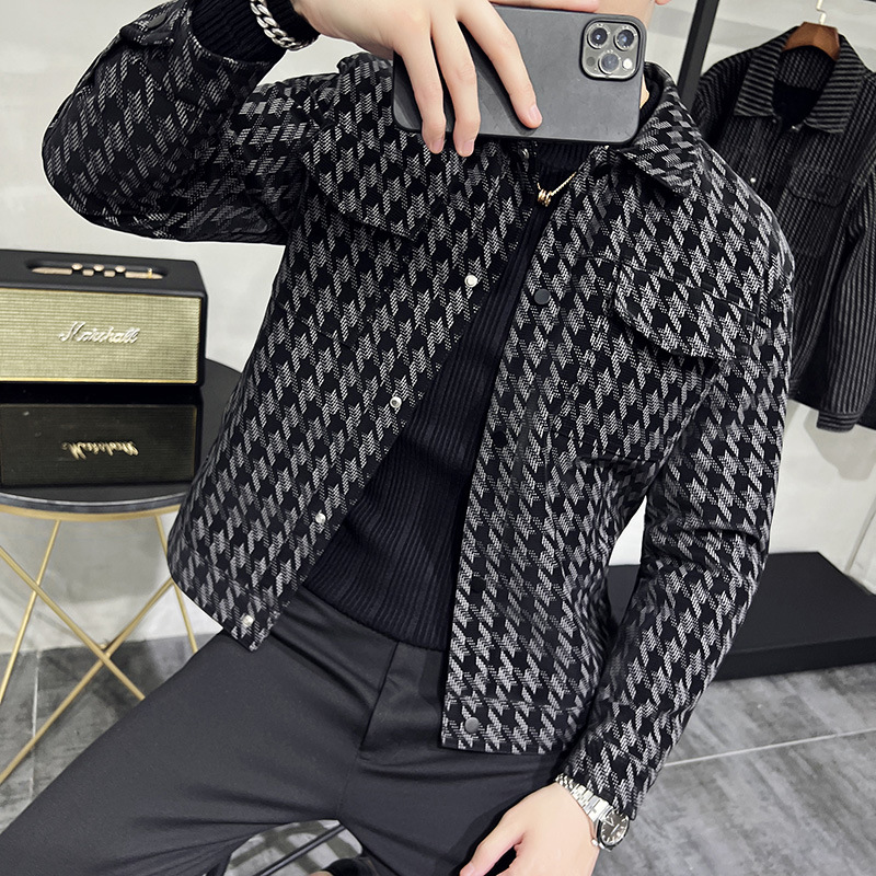 Spring Haute Couture Thousand Bird Plaid Fashionable Striped Slim Fit Leather Jacket, Business Casual Men's Top_voghion.com