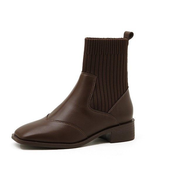 Autumn Winter Genuine Leather Knitted Sock Wool Thin Short Women Square Toe Chunky Heel Martin Boots_voghion.com