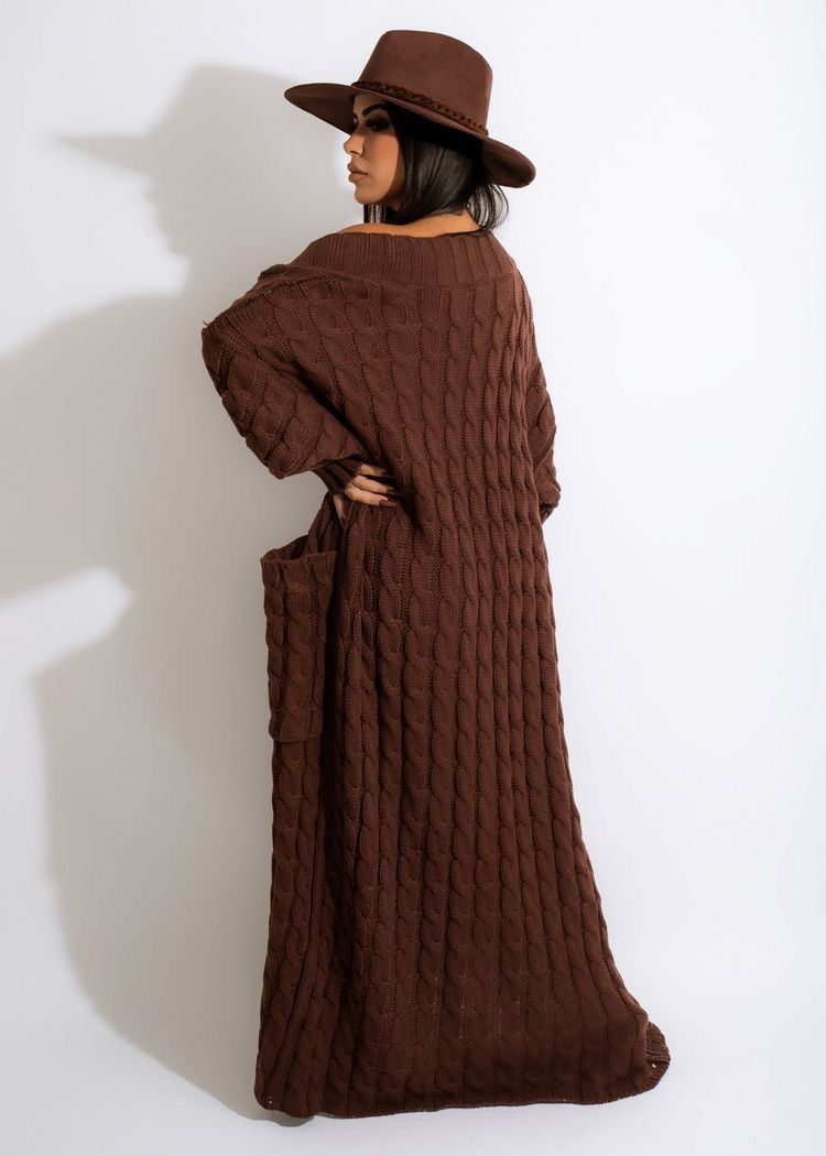 Damenbekleidung Locker gestrickte Strickjacke, gemütliche, übergroße Strickjacke mit Taschen, langer Zopfmuster-Pullovermantel, lockerer Boho-Chic, offene Vorderseite_voghion.com