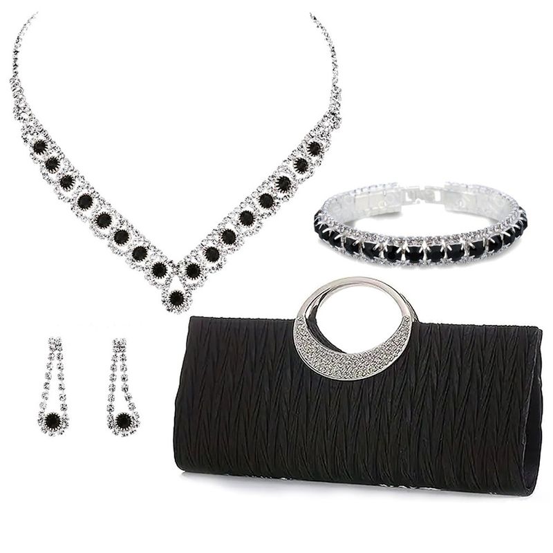 Women's Jewelry Set - Elegant Rhinestone Necklace, Earrings, Bracelet & Evening Clutch For Formal Occasions, Geometric Four Piece Party Necklace Set_voghion.com