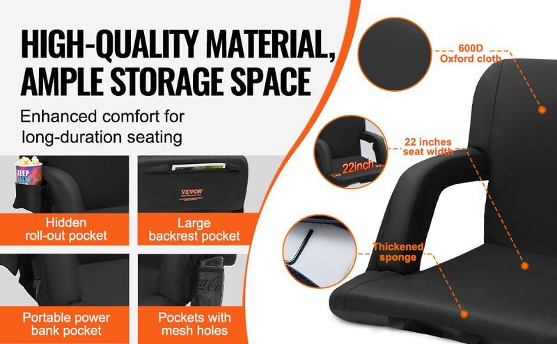 VEVOR Double Heated Stadium Seat With Back Support, 3 Level Heating Wide Bleacher Seat, Folding Portable Padded Reclining Chair With Hook Pocket Cupholder, Ideal For Sport Event Beach Camping Concert_voghion.com