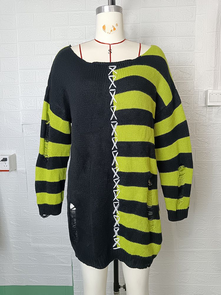 Halloween Punk Hole Long For Women's Fashion Loose Striped Contrasting Pullover Sweater_voghion.com