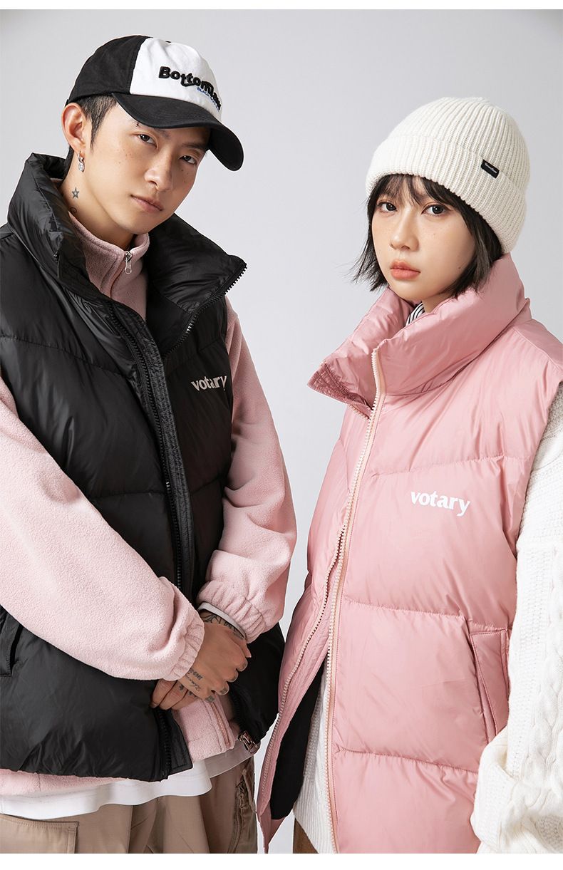 Colete masculino com gola alta e enchimento de plumas - Jaqueta acolchoada reversível sem mangas para inverno com estampa retrô para estilo urbano_voghion.com