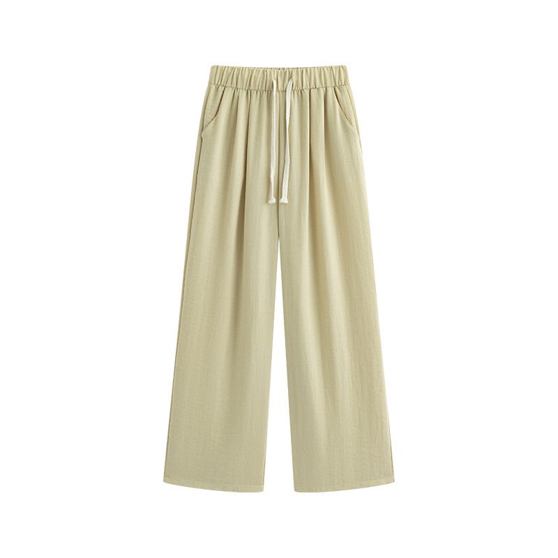 Pantalon large en lin abricot pour femme, taille haute, coupe décontractée, effet drapé, convient à toutes les saisons, en coton et lin._voghion.com