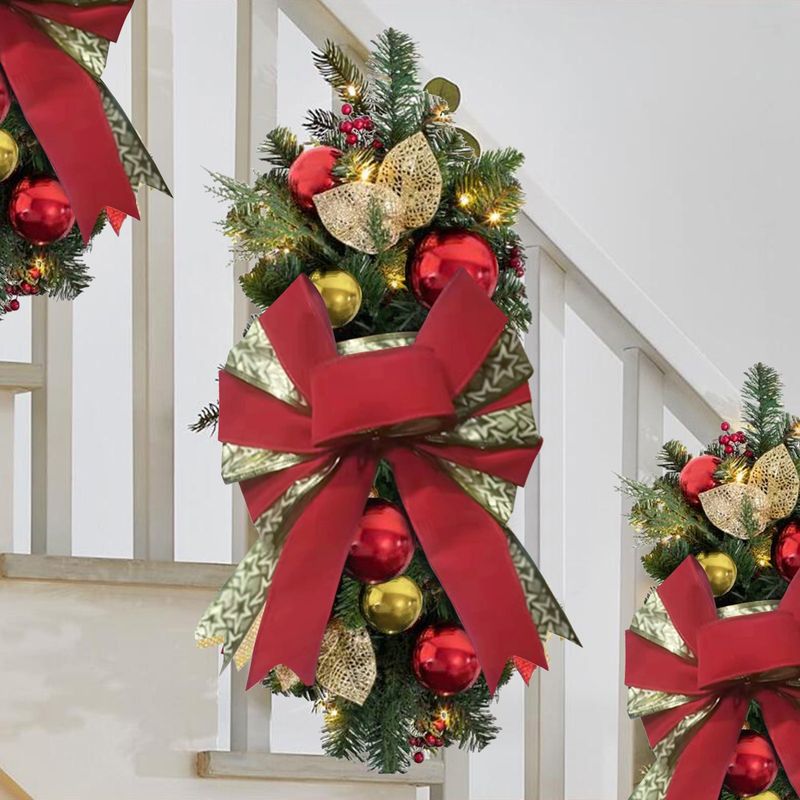 vendita calda ghirlanda di Natale decorazione appesa scale a led decorazione ghirlanda fiocco rosso in rattan_voghion.com