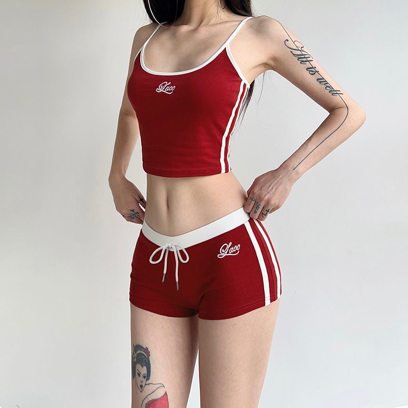 Tuta sportiva americana 2024 con cuciture a contrasto, da donna, con scollo a U, bretelle piccole e coulisse, con lettere ricamate_voghion.com