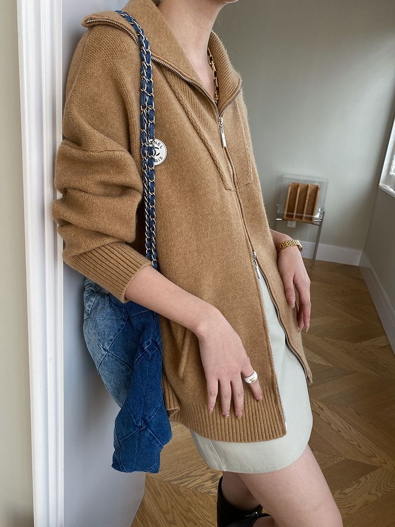 Damenbekleidung: Übergroße Strickjacke mit Reißverschluss und Schalkragen – gemütlicher und stylischer Pullover für Damen (Grau, Beige, Marineblau, Kamel)_voghion.com