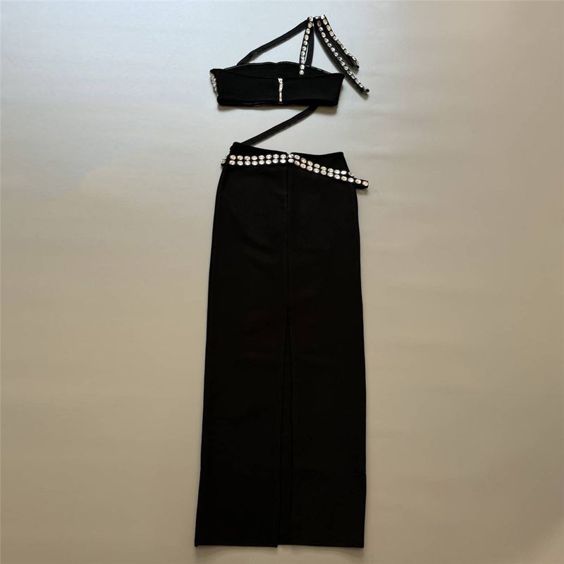 Abbigliamento da donna, nuovo set di gonna con fasciatura in strass, abito da festa alla moda, due pezzi, top e gonna lunga con fasciatura_voghion.com