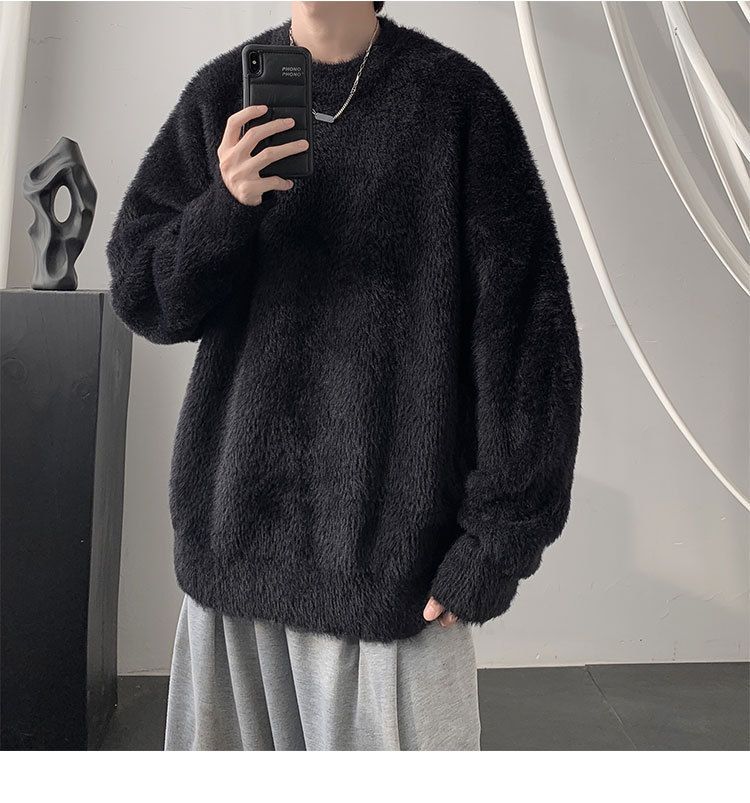 Neutral style black sweater men's 2023 autumn winter new trendy brand high thick warm loose and cool solid color jacket_voghion.com