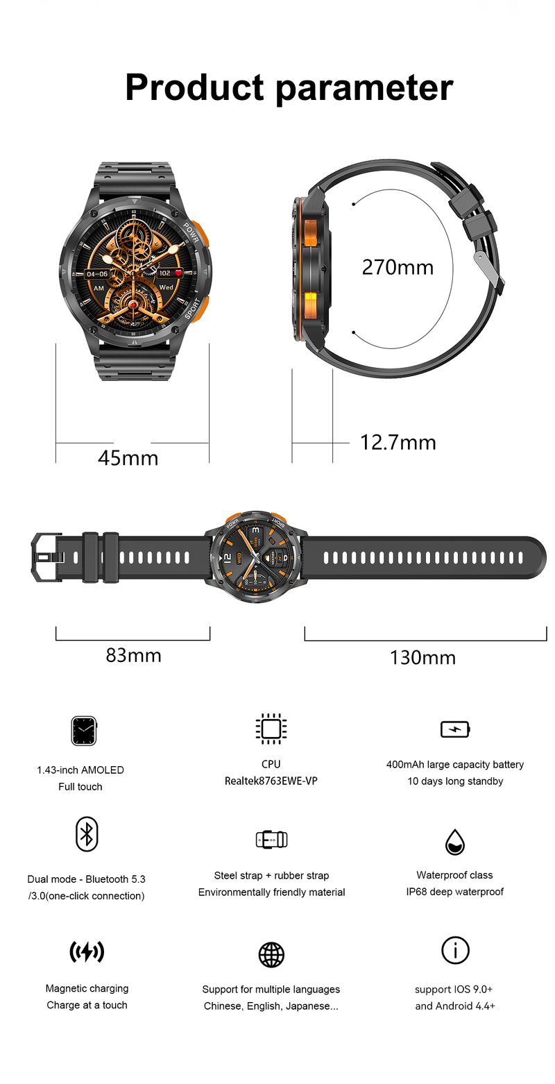 Smart Watch für Android IOS Bluetooth-Anruf 1,43 Zoll HD AMLOED-Bildschirm Herzfrequenz 400 mAh großer Akku Männer Frauen Outdoor-Sport-Smartwatches_voghion.com