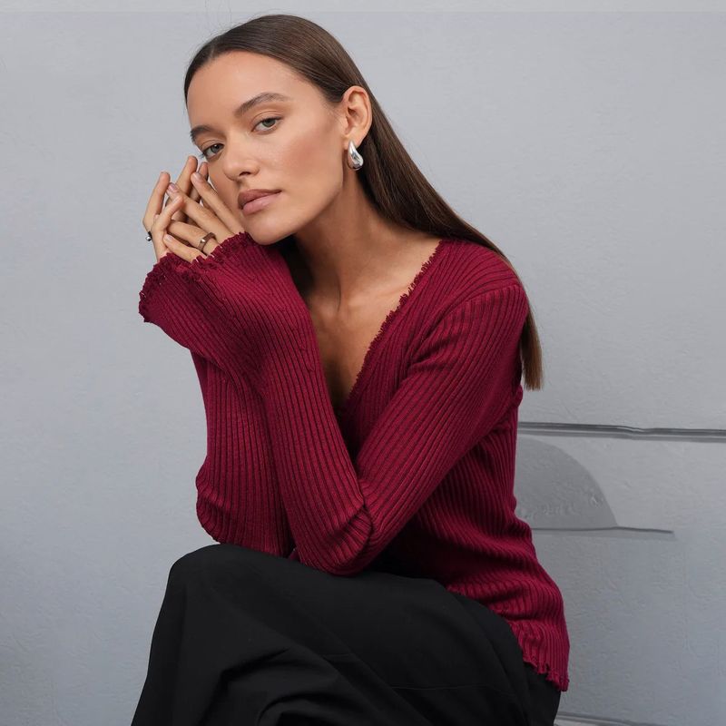 Strickjacke mit V-Ausschnitt und Knopfleiste – Rippenstrickpullover mit offener Kante und Glockenärmeln (S–L, Khaki/Grau/Schwarz/Rot)_voghion.com