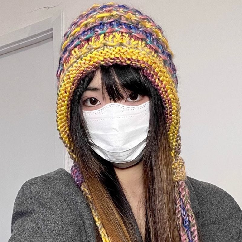 Hand wool Children's new winter color tassel Fried Dough Twists ear protection warmth Dopamine knitted hat tide_voghion.com