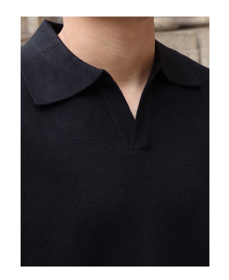 Polo à manches longues et col en V pour homme, couleur unie, tendance, automne_voghion.com