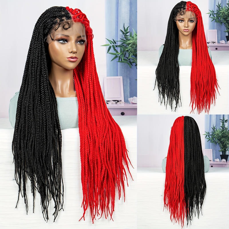 36 Inch Braided Wigs For Women 9x6 Lace Square Knotless Box Braid Wig Pre Plucked Premium Hand Cornrow Braids Half Black And Half Red Color_voghion.com