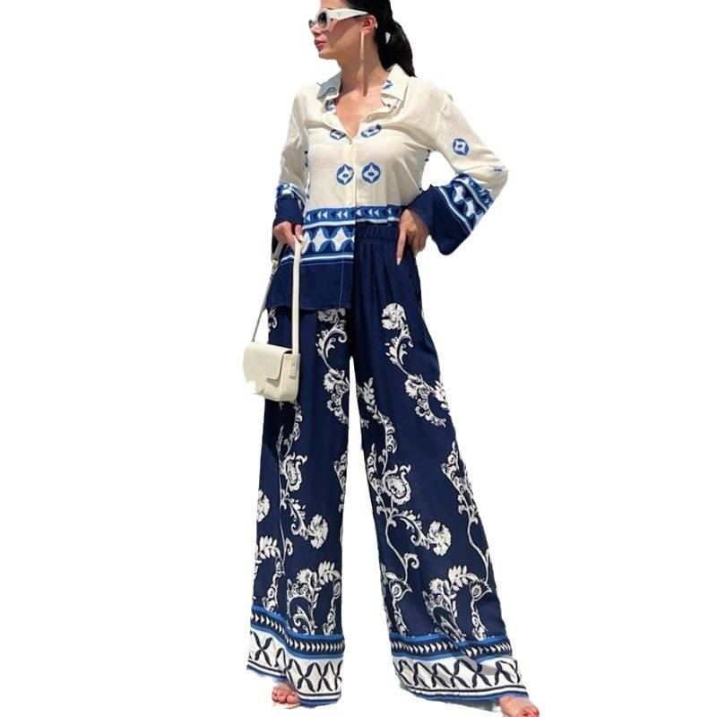 Vêtements pour femmes, mode positionnement imprimé, hauts amples à manches longues, pantalons à jambes larges, ensemble deux pièces_voghion.com