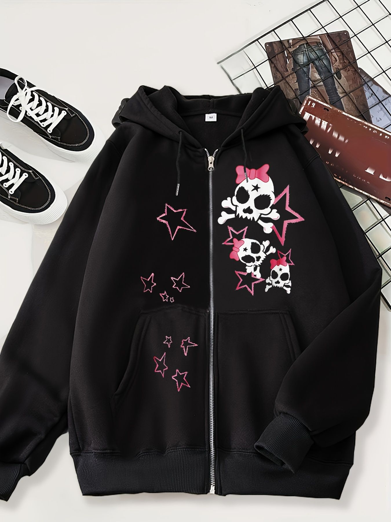 Herren-Hoodie mit Gothic-Totenkopf-Print – Schwarzes Sweatshirt mit Reißverschluss und Fleecefutter, Oversize-Passform, Langarm, Unisex-Streetwear für Freizeitkleidung_voghion.com
