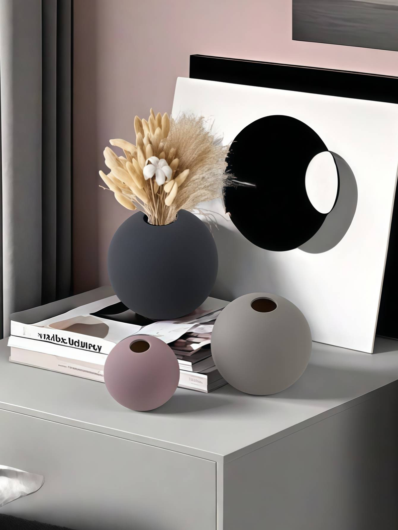 Lot de 3 vases ronds en céramique Morandi pour décoration de la maison_voghion.com