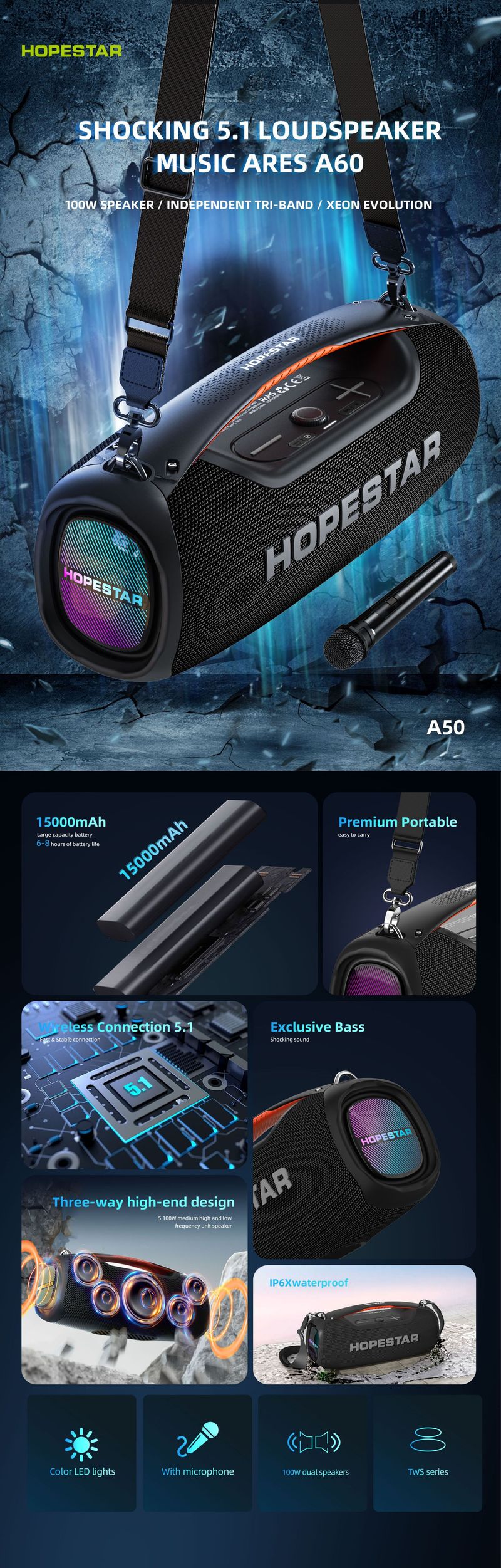 Hopestar 100W subwoofer luidspreker, hoogwaardige, luide draagbare audiospeler, A60 Bluetooth-verbonden thuismicrofoon_voghion.com