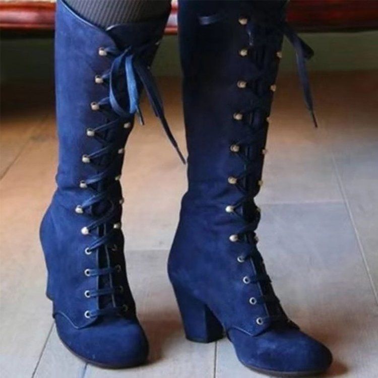Stivali da donna con tacco quadrato, stile autunno inverno 2024, adatti a tutte le stagioni, taglie forti, alti sopra il ginocchio, con lacci, color-block._voghion.com