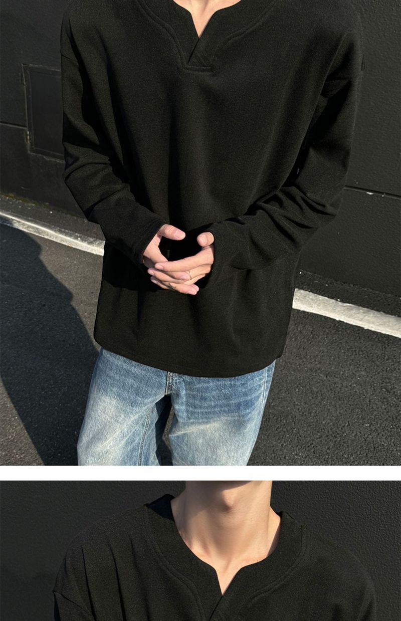 boy Boy Autumn Winter De Velvet V-Neck Sweatshirt Warm Inner Layer Base Shirt Long Sleeve T-Shirt Top Trendy Men's Cool Fashion_voghion.com